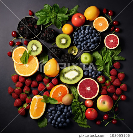 a flatlay of a set of full and sliced fruits, bananas, strawberries, almonds, mangoes, apples and other fruits, healthy and delicious food 108065106