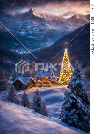 Christmas tree with new year holiday decoration in a village street at sunset, houses with lights, winter season, snowy mountains, beautiful nature 108065107