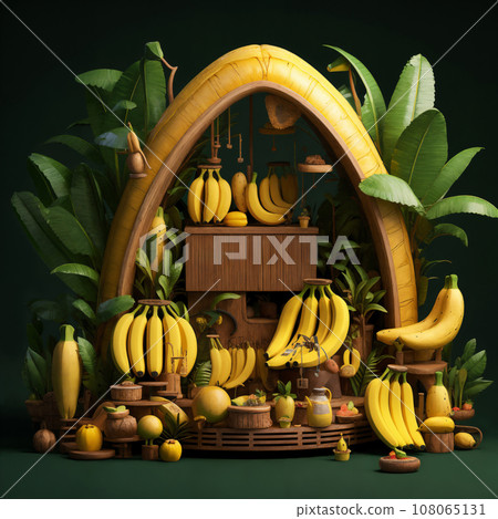 wooden cask full of bananas and other tropical fruits on a dark background 108065131