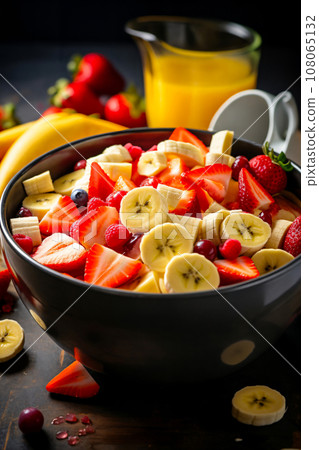 a bowl full of sliced fruits, bananas, strawberries, almonds and other fruits, healthy and delicious food a bowl full of sliced fruits, bananas, strawberries, almonds and other fruits, healthy and delicious food 108065132