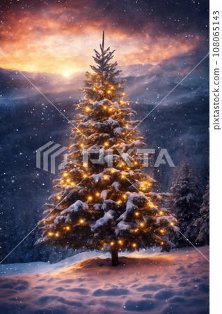 Christmas tree in a winter forest, decorated with garlands and lights, snow covered mountains, beautiful nature at sunset Christmas tree in a winter forest, decorated with garlands and lights, snow covered mountains, beautiful nature at sunset 108065143