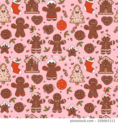 Trendy seamless pattern. Christmas groovy retro cartoon characters gingerbread cookies, man, tree, ball, Xmas stocking, boot on pink background. Vector New Year illustration. Vibes 70s. 108065151