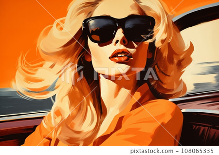 Portrait of a beautiful fashionable woman with a hairstyle and sunglasses, in a car. Bright day, orange color. Illustration poster in the style of 1960 Portrait of a beautiful fashionable woman with a hairstyle and sunglasses, in a car. Bright day, orange color. Illustration poster in the style of 1960 108065335