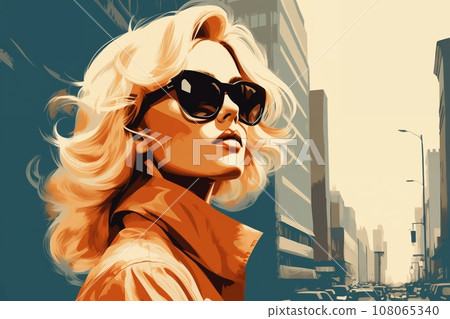 Portrait of a beautiful fashionable woman with a hairstyle and sunglasses, in a city street. Bright day, teal and orange color. Illustration poster in the style of 1960 Portrait of a beautiful fashionable woman with a hairstyle and sunglasses, in a city street. Bright day, teal and orange color. Illustration poster in the style of 1960 108065340
