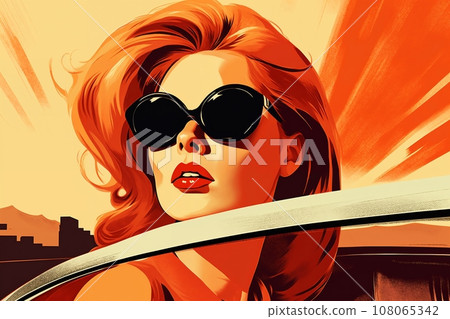 Portrait of a beautiful fashionable woman with a hairstyle and sunglasses, in a car. Bright day, orange color. Illustration poster in the style of 1960 Portrait of a beautiful fashionable woman with a hairstyle and sunglasses, in a car. Bright day, orange color. Illustration poster in the style of 1960 108065342