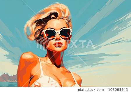 Portrait of a beautiful fashionable woman with a hairstyle and sunglasses, in a bikini or swimsuit, on a beach, blue sky background. Illustrative poster in style of the 1960s Portrait of a beautiful fashionable woman with a hairstyle and sunglasses, in a bikini or swimsuit, on a beach, blue sky background. Illustrative poster in style of the 1960s 108065343