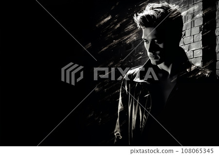Portrait of a man at night on a brick wall background, dark night, street. Noir. Tense mood, anxiety and fear. Illustration poster in style of 1960 Portrait of a man at night on a brick wall background, dark night, street. Noir. Tense mood, anxiety and fear. Illustration poster in style of 1960 108065345