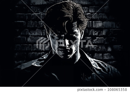 Portrait of a man at night on a brick wall background, dark night, street. Noir. Tense mood, anxiety and fear. Illustration poster in style of 1960 Portrait of a man at night on a brick wall background, dark night, street. Noir. Tense mood, anxiety and fear. Illustration poster in style of 1960 108065358