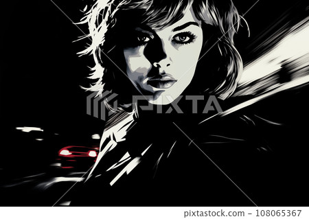 Portrait of a beautiful fashionable woman with a hairstyle, in a car. Night in city, road, black and white color. Noir. Illustration poster in the style of 1960 Portrait of a beautiful fashionable woman with a hairstyle, in a car. Night in city, road, black and white color. Noir. Illustration poster in the style of 1960 108065367