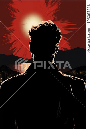 Portrait of a man at night on a brick wall background, dark night, street. Noir. Expressive look. Tense mood, anxiety and fear. Illustration poster in style of 1960 108065368