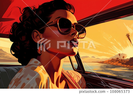 Portrait of a beautiful fashionable woman with a hairstyle and sunglasses, in a car. Bright sunset sky, orange color. Illustration poster in the style of 1960 Portrait of a beautiful fashionable woman with a hairstyle and sunglasses, in a car. Bright sunset sky, orange color. Illustration poster in the style of 1960 108065373