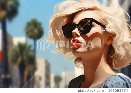 Portrait of a beautiful fashionable woman with a hairstyle and sunglasses, in a city street. Bright day. Illustration poster in the style of 1960 Portrait of a beautiful fashionable woman with a hairstyle and sunglasses, in a city street. Bright day. Illustration poster in the style of 1960 108065374