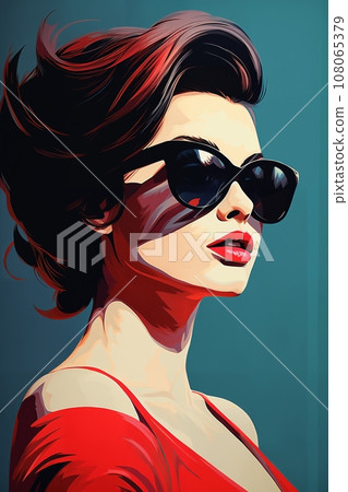 Portrait of a beautiful fashionable woman with a hairstyle and sunglasses, on a blue color background. Illustrative poster in style of the 1960s Portrait of a beautiful fashionable woman with a hairstyle and sunglasses, on a blue color background. Illustrative poster in style of the 1960s 108065379