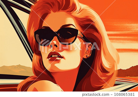 Portrait of a beautiful fashionable woman with a hairstyle and sunglasses, in a car. Bright day, orange color. Illustration poster in the style of 1960 108065381