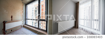 Comparison of apartment flat before and after restoration or refurbishment. Photo collage of old room with large windows and new renovated room with heating radiator, parquet floor and white walls. Comparison of apartment flat before and after restoration or refurbishment. Photo collage of old room with large windows and new renovated room with heating radiator, parquet floor and white walls. 108065403
