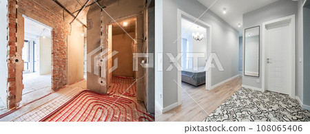 Comparison of old flat with underfloor heating pipes and new renovated apartment with doors, mirror and gray walls. Photo collage of apartment hallway and bedroom before and after restoration. Comparison of old flat with underfloor heating pipes and new renovated apartment with doors, mirror and gray walls. Photo collage of apartment hallway and bedroom before and after restoration. 108065406