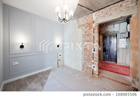 Photo collage of apartment room before and after restoration or refurbishment. Old room with doorway and new renovated living room with parquet floor and elegant interior design. 108065506