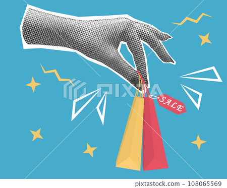 Vector illustration with Halftone hand holding paper bag. Trend collage. Vector illustration with Halftone hand holding paper bag. Trend collage. 108065569