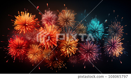 Colorful fireworks celebration and the midnight sky background. 108065797
