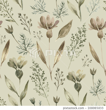 Watercolor seamless pattern with trendy dried plants and flowers. Hand drawn luxury print for decor and design 108065833