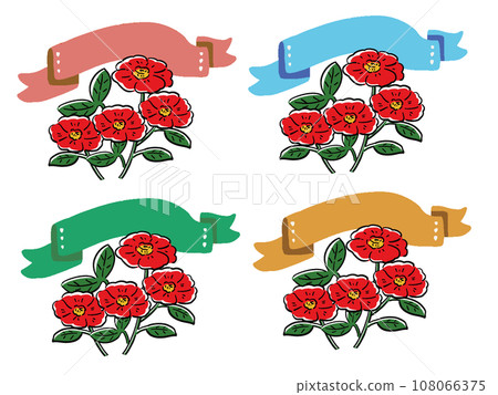 Red camellia and ribbon hand-drawn style frame/headline illustration set Red camellia and ribbon hand-drawn style frame/headline illustration set 108066375