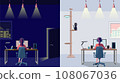 Rear view of a woman operating a computer in a dark and bright room. remote work. Freelance. Side job. overtime 108067036