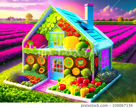 Background of a cute house and flower garden decorated with fruits and vegetables [AI generated image] 108067136