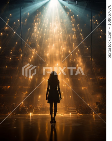 Fictional woman artist in dress on big stage of luxury concert hall AI 108067676