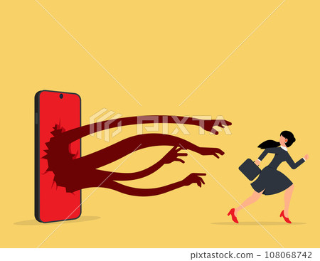 Businesswomen running away from mobile phone. Dangers of mobile phones and social media Businesswomen running away from mobile phone. Dangers of mobile phones and social media 108068742