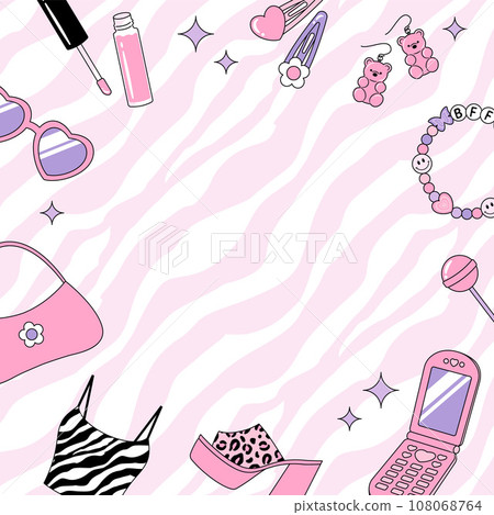 Y2K 90s style clothing and accessories background illustration Y2K 90s style clothing and accessories background illustration 108068764