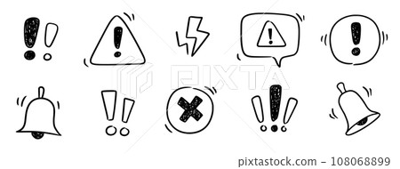 Doodle exclamation mark, alert danger sign set. Scribble hand drawn doodle exclamation triangle point, stop warning, hazard sign. Hand drawn sketch danger information sign. Vector 108068899