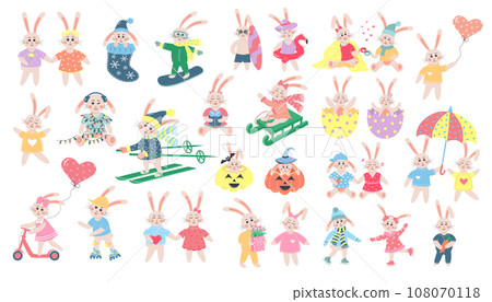 Big set of cute rabbits. Funny boy and girl bunny in different poses and clothes. Cartoon forest characters collection. Big set of cute rabbits. Funny boy and girl bunny in different poses and clothes. Cartoon forest characters collection. 108070118
