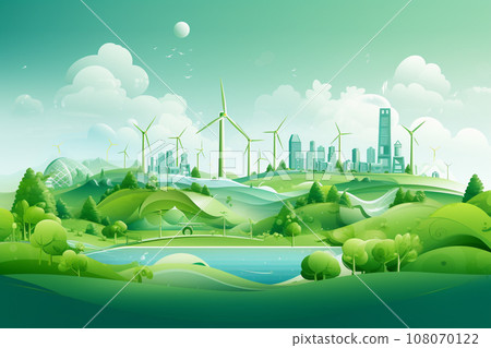 Green city with nature landscape and windmill farm in paper cut art illustration style. Eco friendly environment. Renewable energy and sustainable energy concept. Generative AI. 108070122