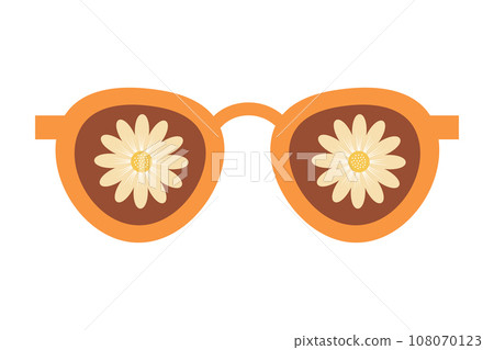 Vintage sunglasses with daisy flowers. Groovy retro fashion cartoon style. 108070123