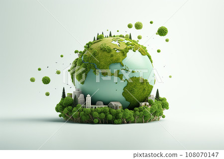 Earth global ball encircled by verdant forest flora and green city in 3d rendering. Environment protection, World environment, Eco friendly environment. Sustainable development concept. Generative AI. 108070147