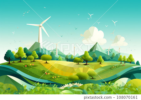 Nature landscape with windmill farm in paper cut art illustration style. Eco friendly environment. Renewable energy and sustainable energy concept. Generative AI. 108070161