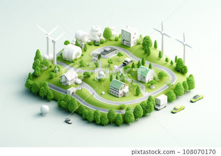 Green city with nature landscape and windmill farm in illustration isometric isolated. Eco friendly environment. Renewable energy and sustainable energy concept. Generative AI. 108070170