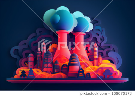 Power station, the oil refinery or petrochemical plant with smoke in paper cut art illustration style with neon color. Air pollution and emission ecology environment problem concept. Generative AI. Power station, the oil refinery or petrochemical plant with smoke in paper cut art illustration style with neon color. Air pollution and emission ecology environment problem concept. Generative AI. 108070173