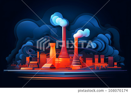 Power station, the oil refinery or petrochemical plant with smoke in paper cut art illustration style with neon color. Air pollution and emission ecology environment problem concept. Generative AI. 108070174