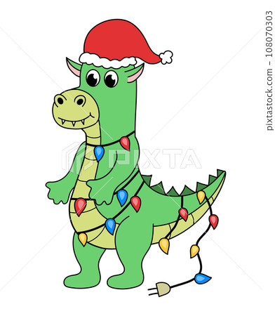 Cartoon Christmas and New Year Dragon character. Cute Dragon with garland. Vector flat illustration. Cartoon Christmas and New Year Dragon character. Cute Dragon with garland. Vector flat illustration. 108070303