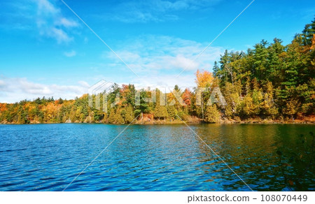 Pink Lake, Gatineau, Quebec, Canada during fall season with colorful tree 108070449