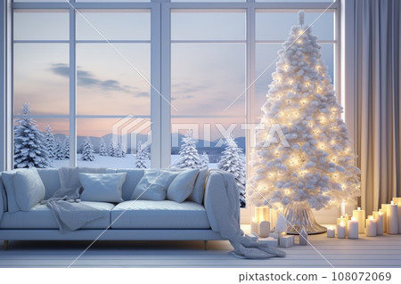 Christmas, white modern living room with a snowy forest outside the window. Modern interior design 108072069
