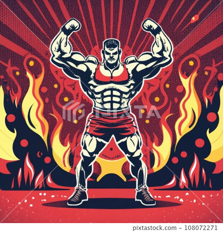 Gym bodybuilder flexing, vector design, full body, red background  108072271