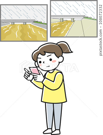 A woman uses her smartphone to check the footage from a river surveillance camera. 108072332