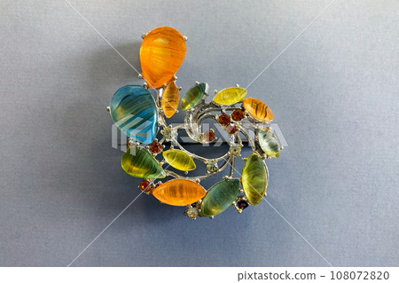 vintage brooch Exquisite with green, orange and blue stones, 1960-70s vintage brooch Exquisite with green, orange and blue stones, 1960-70s 108072820