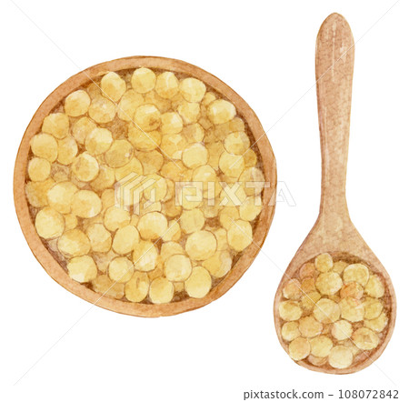 Watercolor illustration of soybeans in a wooden bowl and wooden spoon, overhead view 108072842