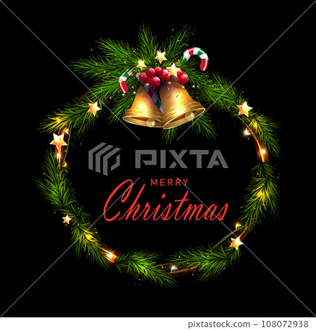 Isolated Christmas wreath with golden bells on a black background. Isolated Christmas wreath with golden bells on a black background. 108072938