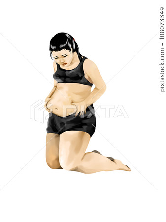 A woman suffering from obesity and kneeling down 108073349