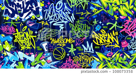 Trendy Blue Colorful Abstract Urban Style Hiphop Graffiti Street Art Vector Illustration Background 108073358