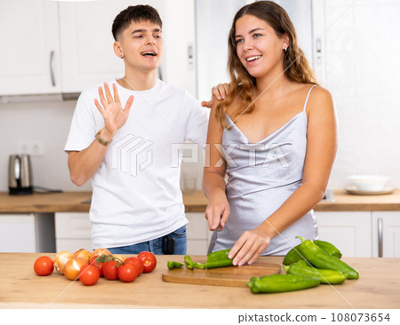Woman preparing vegetable salad and communicating with her husband in kitchen Woman preparing vegetable salad and communicating with her husband in kitchen 108073654